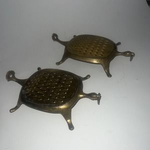 Vtg Pair Brass Turtle Tortoise Footed Grater Shaver Wall Hanging Decor India 2